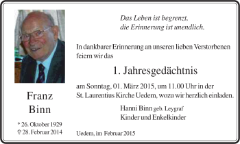 Traueranzeige von Franz Binn von WVW Anzeigenblätter
