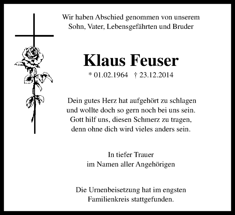  Traueranzeige für Klaus Feuser vom 21.01.2015 aus Wochen-Anzeiger Oberhausen