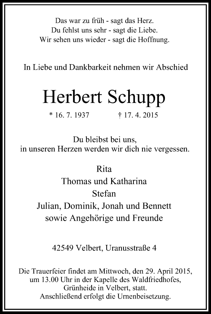  Traueranzeige für Herbert Schupp vom 25.04.2015 aus Stadtanzeiger Velbert + Heiligenhaus