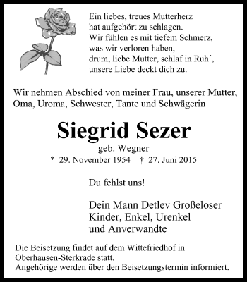 Traueranzeige von Siegrid Sezer von Wochen-Anzeiger Oberhausen