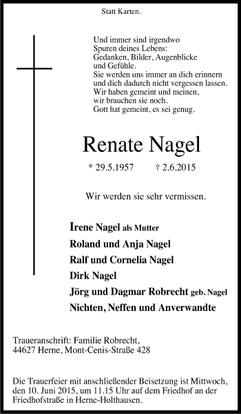 Traueranzeige von Renate Nagel von Wochenblatt Herne/Wanne-Eickel