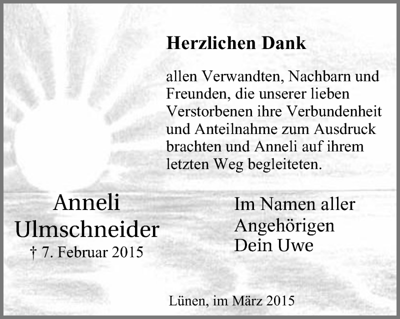 Traueranzeige für Anneli Ulmschneider vom 28.03.2015 aus WVW Anzeigenblätter