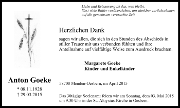Traueranzeige von Anton Goeke von Stadtspiegel Menden + Froendenberg
