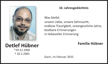 Traueranzeige von Detlef Hübner von WVW Anzeigenblätter