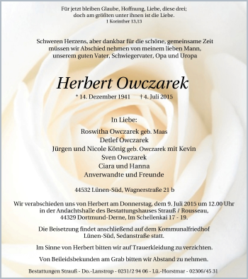 Traueranzeige von Herbert Owczarek von Lüner Anzeiger