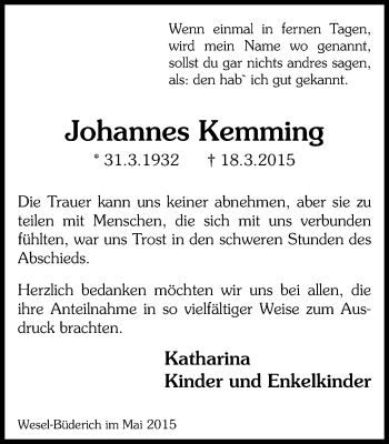 Traueranzeige von Johannes Kemming von Der Weseler + Der Xantener