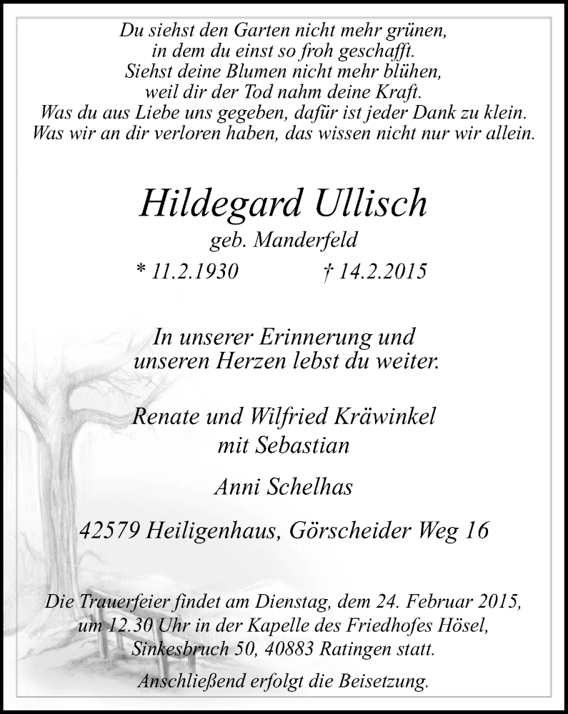 Traueranzeige für Hildegard Ullisch vom 21.02.2015 aus WVW Anzeigenblätter