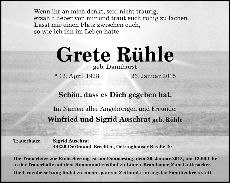  Traueranzeige für Grete Rühle vom 28.01.2015 aus Lüner Anzeiger