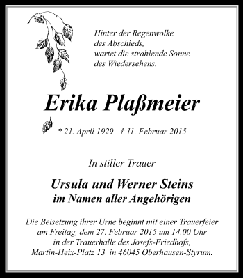 Traueranzeige von Erika Plaßmeier von WVW Anzeigenblätter