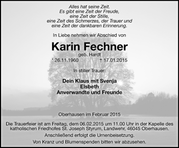 Traueranzeige von Karin Fechner von Wochen-Anzeiger Oberhausen