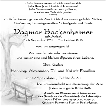 Traueranzeige von Dagmar Bockenheimer von WVW Anzeigenblätter