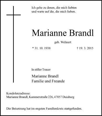 Traueranzeige von Marianne Brandl von WVW Anzeigenblätter