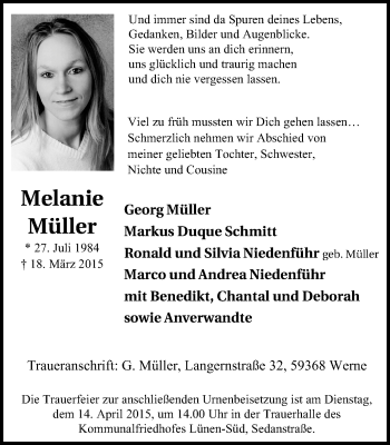 Traueranzeige von Melanie Müller von Lüner Anzeiger