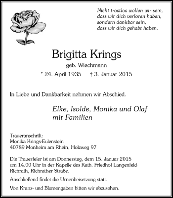 Traueranzeige von Brigitta Krings von Wochen-Anzeiger Langenfeld/Monheim/Hilden