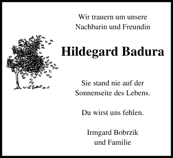 Traueranzeige von Hildegard Badura von WVW Anzeigenblätter