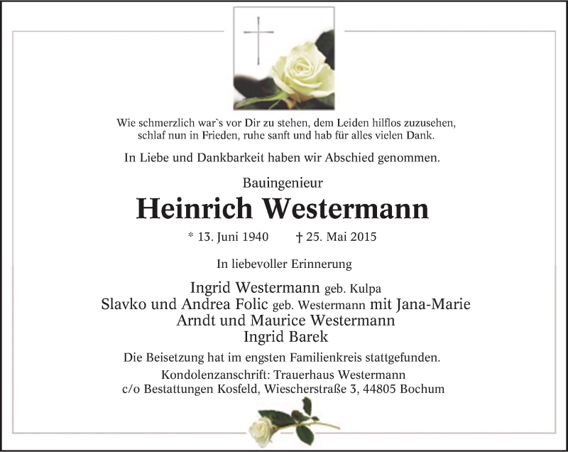  Traueranzeige für Heinrich Westermann vom 03.06.2015 aus Stadtspiegel Bochum