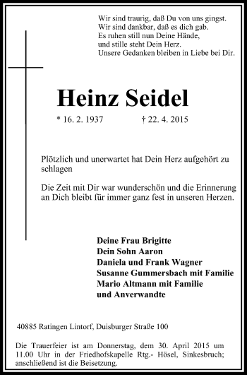 Traueranzeige von Heinz Seidel von Stadtanzeiger Velbert + Heiligenhaus