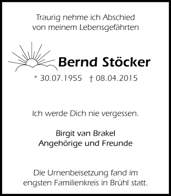 Traueranzeige von Bernd Stöcker von Klever Wochenblatt