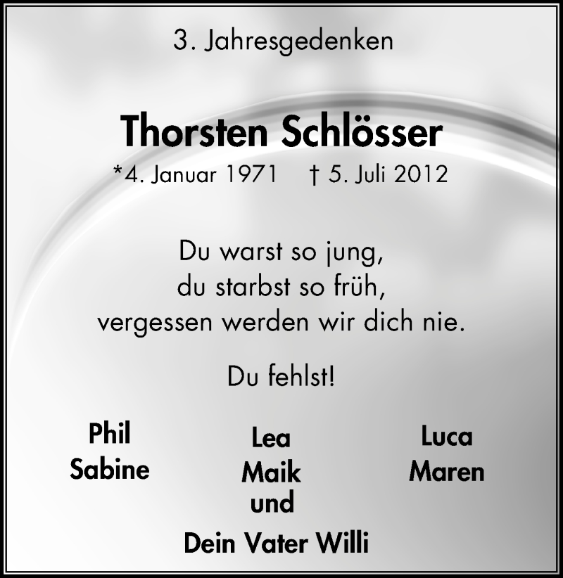  Traueranzeige für Thorsten Schlösser vom 08.07.2015 aus Mülheimer Woche