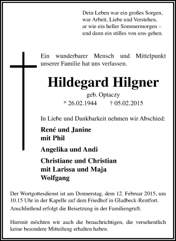 Traueranzeige von Hildegard Hilgner von Stadtspiegel Gladbeck