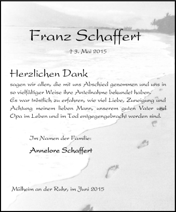 Traueranzeige von Franz Schaffert von Mülheimer Woche