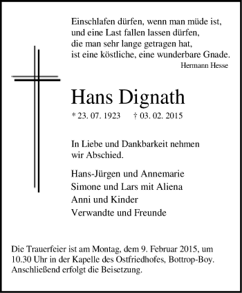 Traueranzeige von Hans Dignath von Stadtspiegel Bottrop