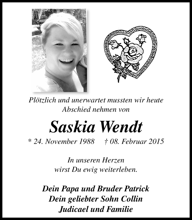  Traueranzeige für Saskia Wendt vom 11.02.2015 aus Stadtspiegel Gladbeck