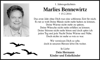 Traueranzeige von Marlies Bennewirtz von WVW Anzeigenblätter
