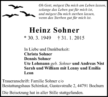Traueranzeige von Heinz Sohner von WVW Anzeigenblätter