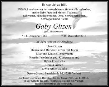 Traueranzeige von Gaby Gitzen von WVW Anzeigenblätter