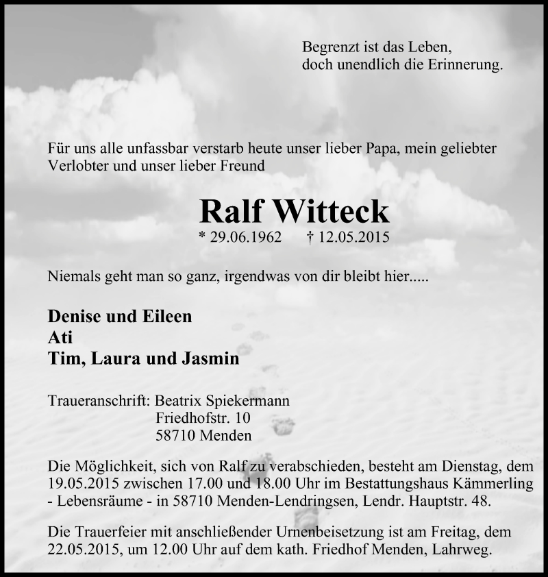  Traueranzeige für Ralf Witteck vom 16.05.2015 aus Stadtspiegel Menden + Froendenberg