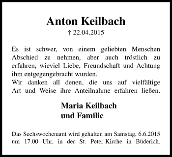 Traueranzeige von Anton Keilbach von Der Weseler + Der Xantener