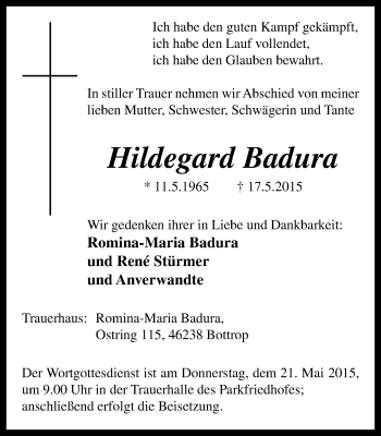 Traueranzeige von Hildegard Badura von Stadtspiegel Bottrop