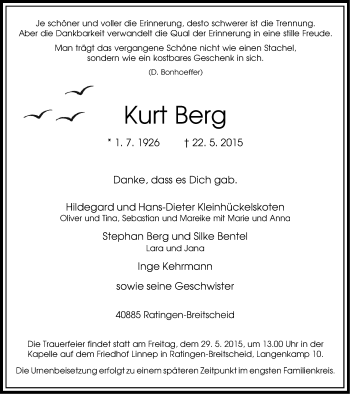 Traueranzeige von Kurt Berg von Mülheimer Woche