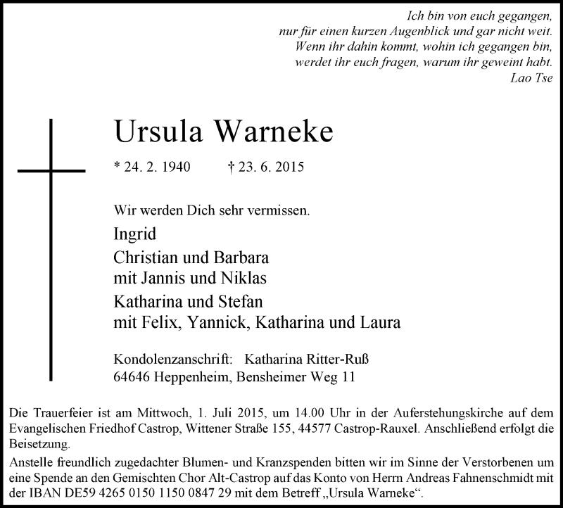  Traueranzeige für Ursula Warneke vom 27.06.2015 aus Stadtanz.Castrop-Rauxel