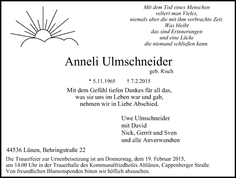  Traueranzeige für Anneli Ulmschneider vom 14.02.2015 aus WVW Anzeigenblätter