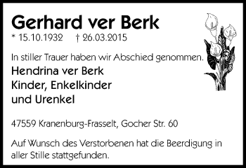 Traueranzeige von Gerhard ver Berk von Klever Wochenblatt