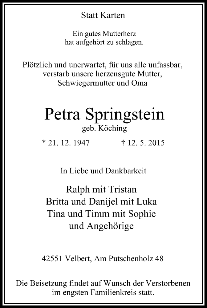  Traueranzeige für Petra Springstein vom 16.05.2015 aus Stadtanzeiger Velbert + Heiligenhaus