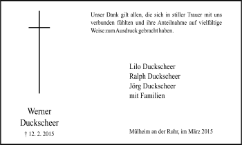 Traueranzeige von Werner Duckscheer von WVW Anzeigenblätter