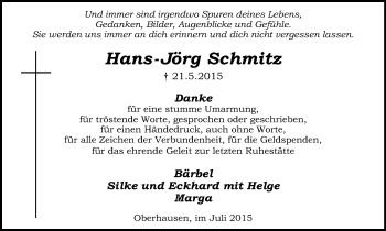 Traueranzeige von Hans-Jörg Schmitz von Wochen-Anzeiger Oberhausen