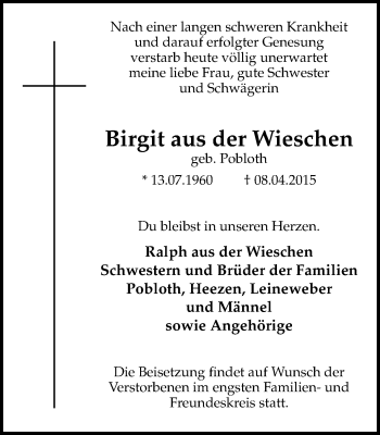 Traueranzeige von Birgit aus der Wieschen von Mülheimer Woche