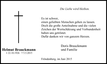 Traueranzeige von Helmut Brauckmann von Stadtspiegel Menden + Froendenberg
