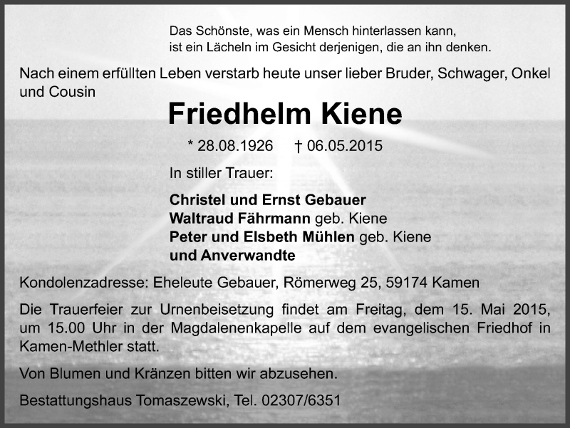  Traueranzeige für Friedhelm Kiene vom 13.05.2015 aus Stadtspiegel Kamen + Unna