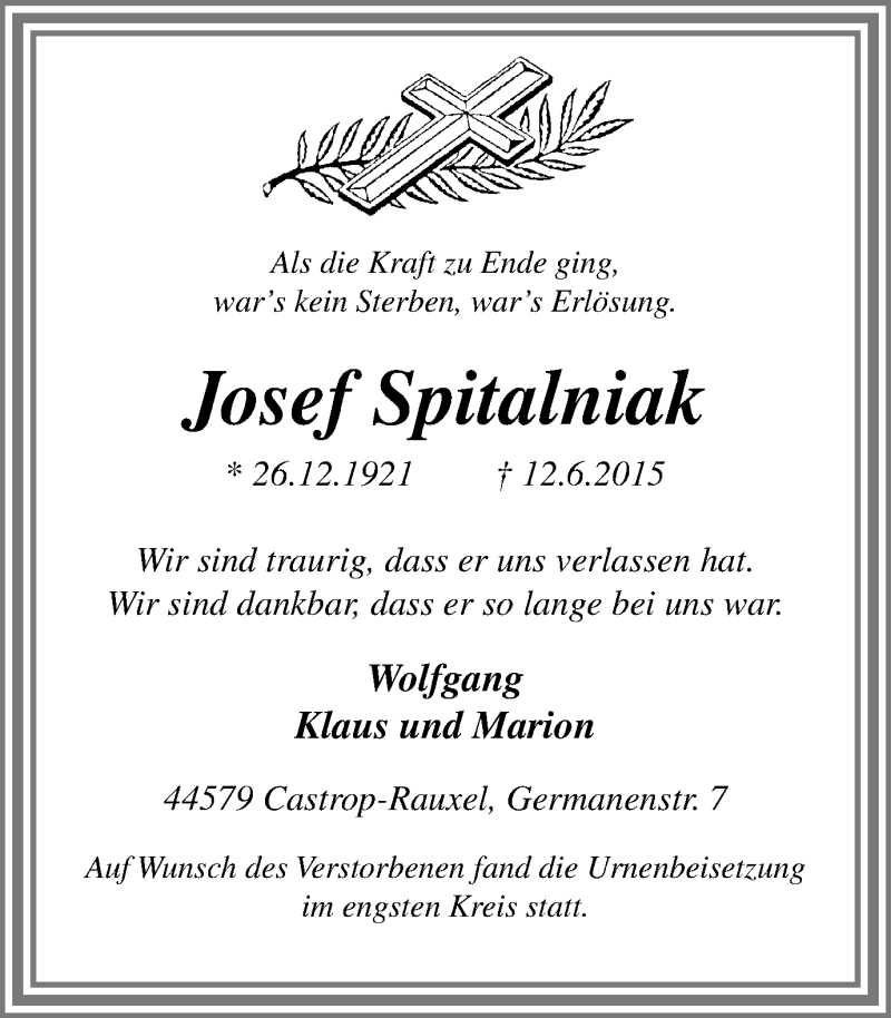  Traueranzeige für Josef Spitalniak vom 27.06.2015 aus Stadtanz.Castrop-Rauxel