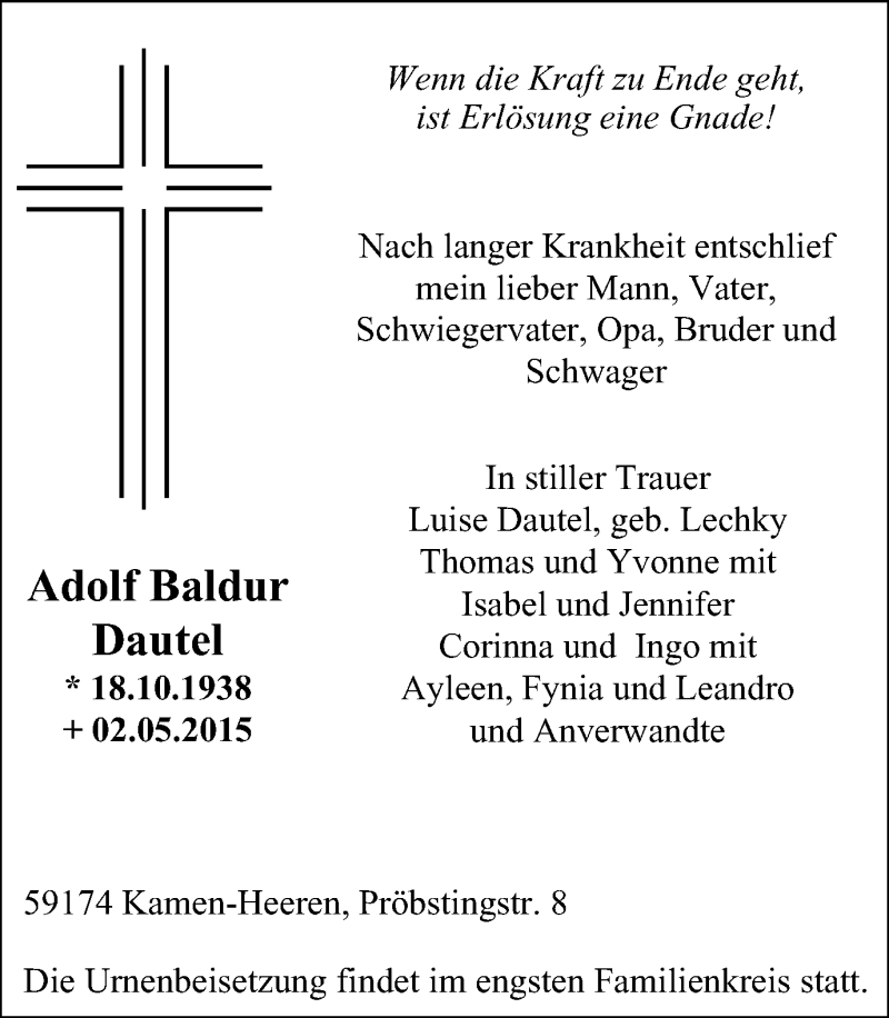  Traueranzeige für Adolf Baldur Dautel vom 20.05.2015 aus Stadtspiegel Kamen + Unna