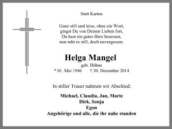 Traueranzeige von Helga Mangel von Stadtspiegel Hattingen/Niedersprockhövel