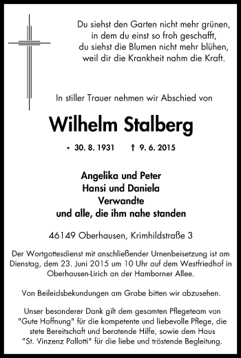 Traueranzeige von Wilhelm Stolberg von Wochen-Anzeiger Oberhausen