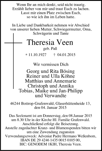 Traueranzeige von Theresia Veen von WVW Anzeigenblätter