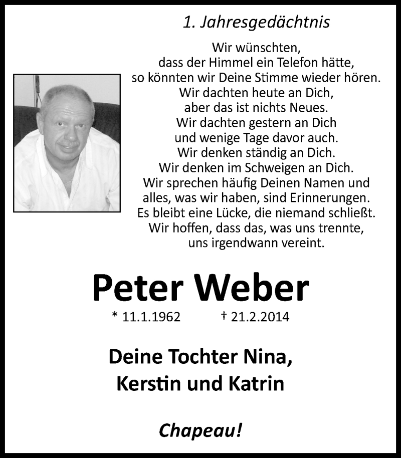 Traueranzeige für Peter Weber vom 21.02.2015 aus WVW Anzeigenblätter