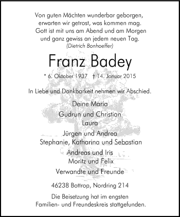 Traueranzeige von Franz Badey von Stadtspiegel Bottrop